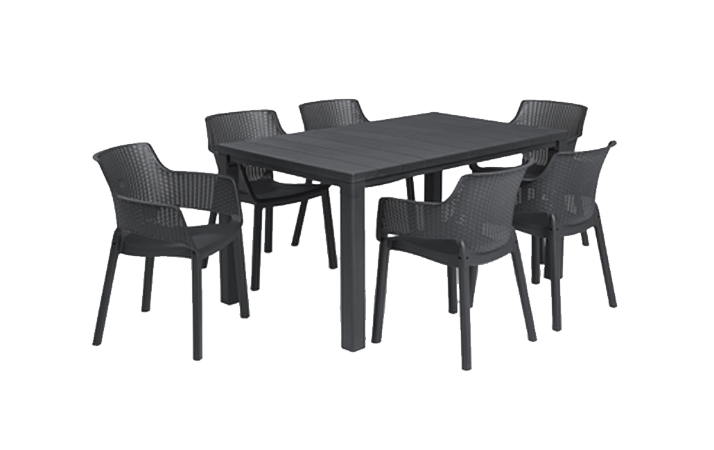 פינת אוכל וינה - שולחן ו 6 כיסאות - אפור כהה - פינות אוכל לגינה ולמרפסת