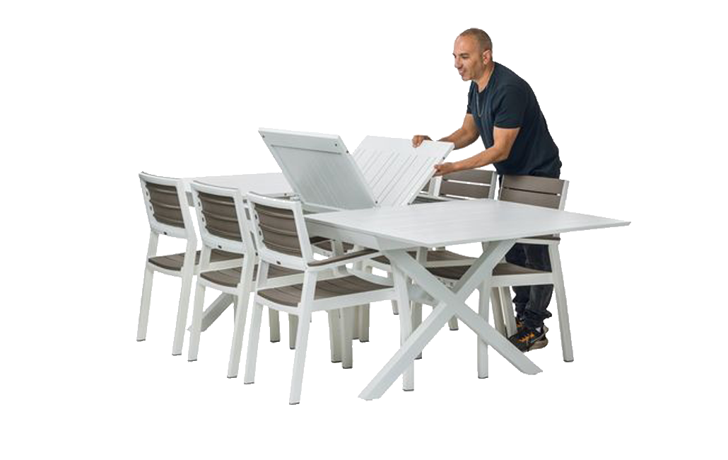 פינת אוכל טולדו- שולחן אלומיניום נפתח ו 8 כיסאות עם מסעדים - קפוצ'ינו