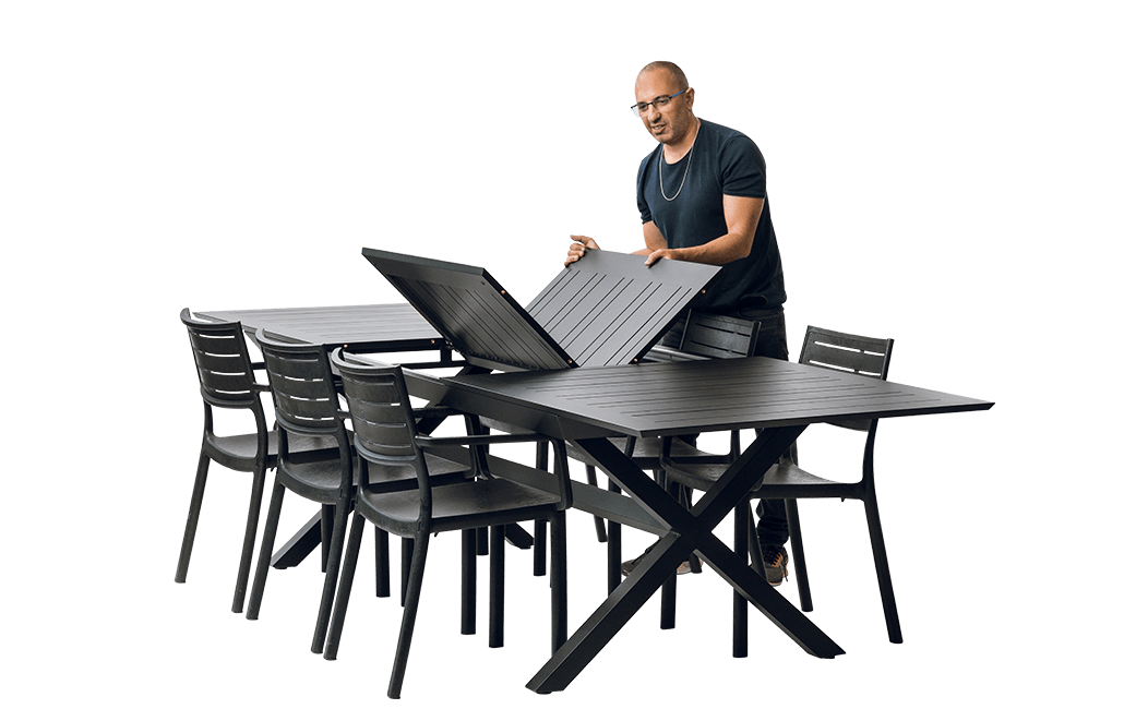 פינת אוכל ברצלונה- שולחן אלומיניום נפתח עם 6 כיסאות - שחור