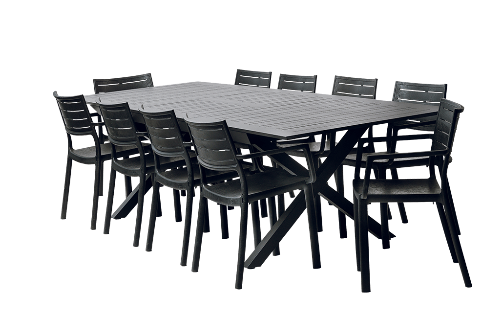 פינת אוכל ברצלונה- שולחן אלומיניום נפתח עם 6 כיסאות - שחור