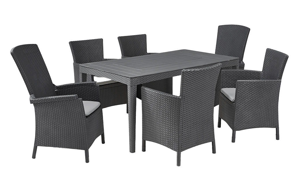פינת אוכל ג'ירונה- שולחן ו 6 כיסאות - אפור כהה - דמוי ראטן