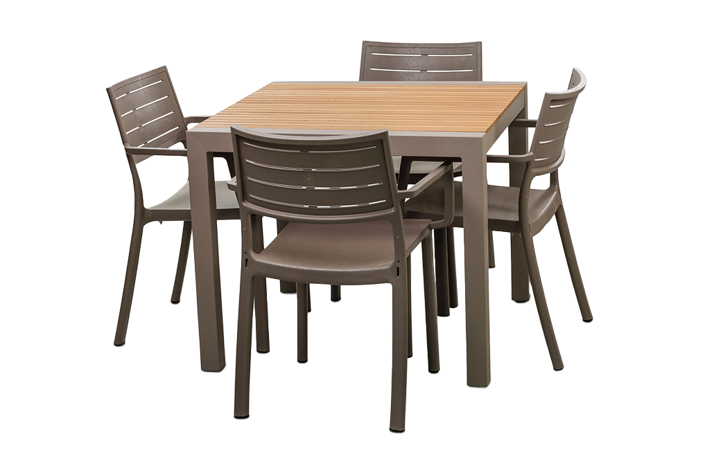 פינת אוכל טופז שולחן אלומיניום בשילוב עץ  ו 4 כיסאות - קפוצ'ינו