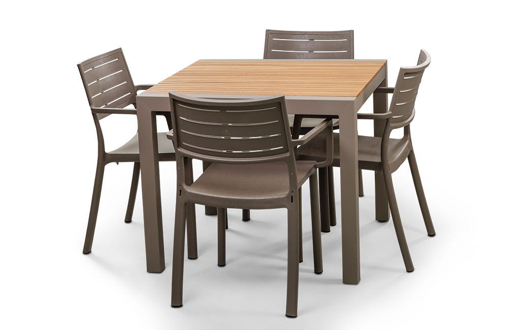 פינת אוכל טופז שולחן אלומיניום בשילוב עץ  ו 4 כיסאות - קפוצ'ינו