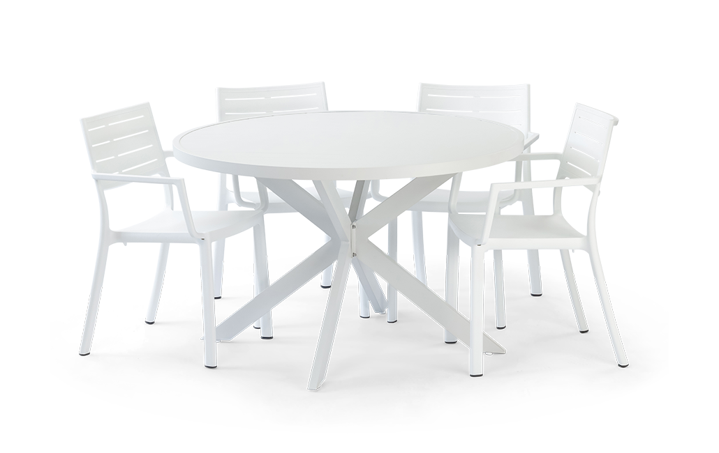 פינת אוכל פרלין שולחן עגול ו 4 כיסאות - לבן - פינות אוכל לגינה ולמרפסת