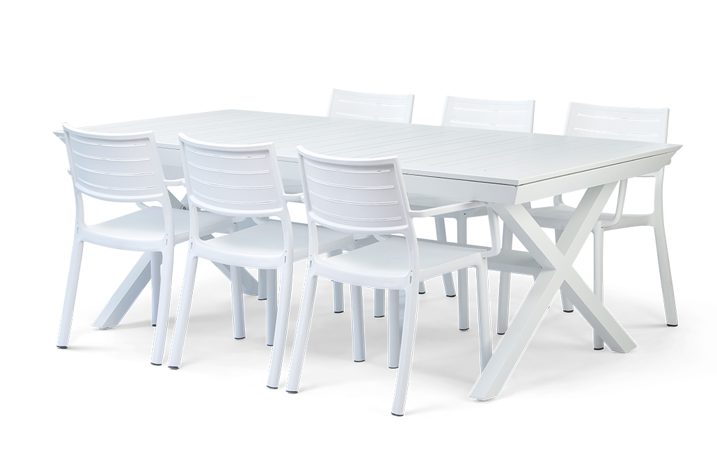 פינת אוכל ברצלונה- שולחן אלומיניום נפתח עם 6 כיסאות - לבן - פינת אוכל ברצלונה |  פינות אוכל מעוצבות משולבות אלומיניום