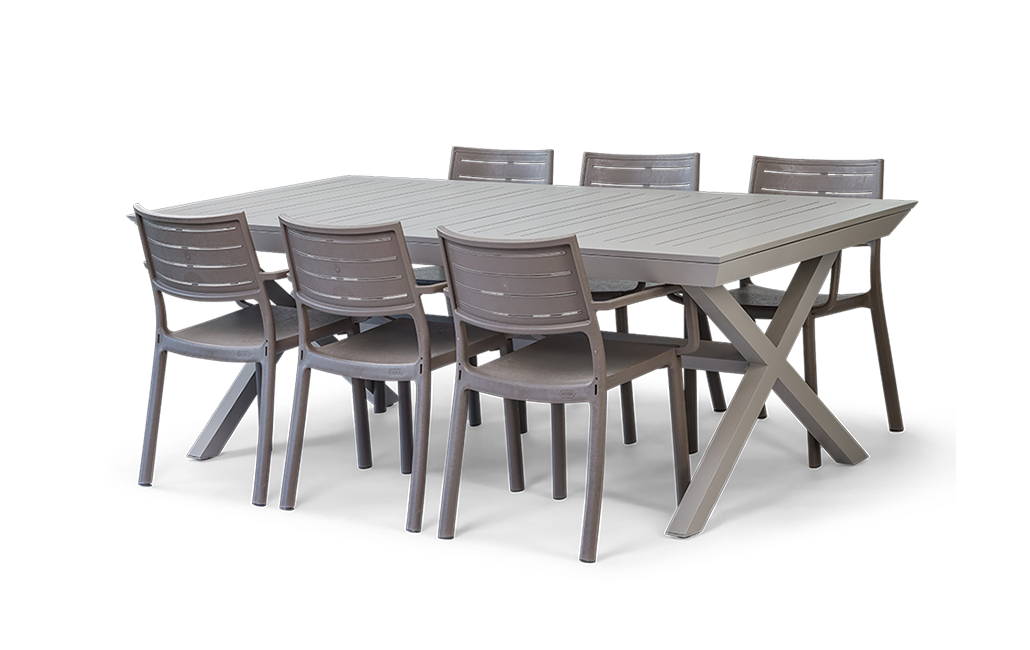 פינת אוכל ברצלונה- שולחן אלומיניום נפתח עם 6 כיסאות - קפוצ'ינו - פינת אוכל ברצלונה |  פינות אוכל מעוצבות משולבות אלומיניום