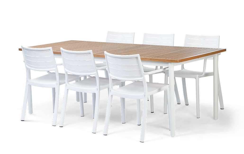 פינת אוכל רוז שולחן אלומיניום בשילוב עץ ו 6 כיסאות - לבן