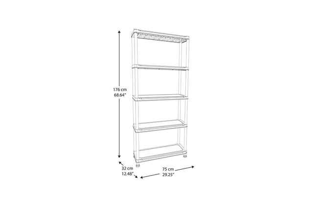 Plus Opbergrek - 5 planken - 75x32x176 CM - Zwart