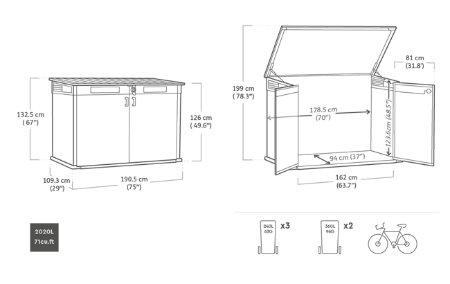 Cobertizo de exterior Grande Store - 190,5x109,3x132,5 cm y 2020L - Deco Gris