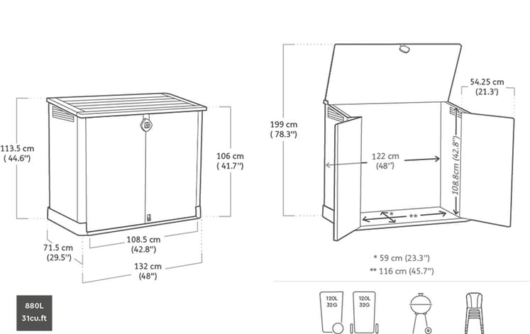 Cobertizo de exterior SIO Midi - 130x74x110 cm y 880L - Marrón